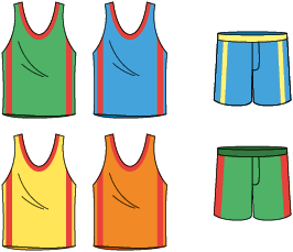 Ilustração de 4 camisetas, uma de cor verde, outra de cor azul, outra de cor amarela e outra de cor laranja, e 2 bermudas. Uma de cor azul e outra de cor verde.