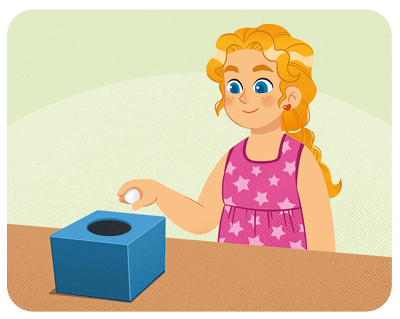 Ilustração de uma menina pegando uma bolinha de uma urna. Não é possível ver as bolinhas dentro da urna e, para retirar a bolinha, há apenas um buraco que cabe a mão de uma pessoa.