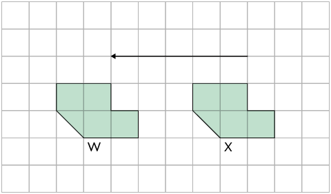 Ilustração de uma malha quadriculada com duas figuras iguais lado a lado. A da esquerda é a figura W e a da direita a figura X. Acima, há uma seta da direita para a esquerda, ocupando 5 quadradinhos. Ela indica que cada quadradinho da figura W está a uma distância de 5 unidades do respectivo quadradinho da figura X.