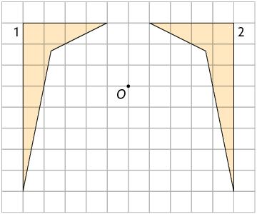 Ilustração de uma malha quadriculada com dois polígonos iguais, que são semelhantes a um bumerangue. Na figura 1, as pontas estão voltadas para a direita e alinhado com a figura 1. A figura 2 aparece com as pontas voltadas para a esquerda e, entre elas, está o ponto O.