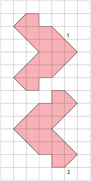 Ilustração de uma malha quadriculada com dois polígonos iguais de 12 lados, um acima do outro, indicados por 1 e 2. Polígono 1: tem suas partes simétricas, com uma ponta voltada para a direita. Polígono 2: tem suas partes simétricas, com uma ponta voltada para a esquerda. 