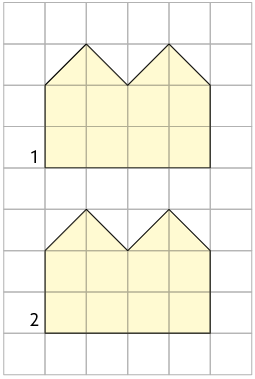 Ilustração de uma malha quadriculada com dois polígonos iguais de 7 lados, indicados por 1 e 2. Ambos estão na mesma posição, porém um acima do outro: polígono 1 acima e polígono 2, abaixo.