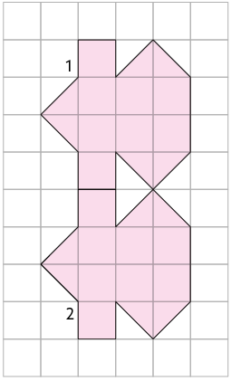 Ilustração de uma malha quadriculada com dois polígonos iguais, indicados por 1 e 2. Ambos estão na mesma posição, porém um acima do outro: polígono 1 acima e polígono 2, abaixo.