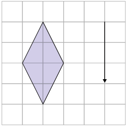 Ilustração de uma malha quadriculada com um losango e uma seta ao lado que aponta para baixo, que indica a translação de 3 quadradinhos para baixo.