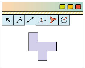 Ilustração. Tela de um software de geometria com um polígono de 10 lados, no formato de T com uma ponta acima e na extremidade superior do T. Há ícones de seleção e nenhum ícone está selecionado.
