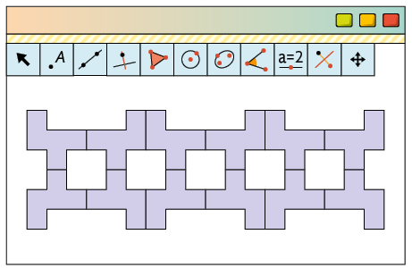 Ilustração. Tela de um software de geometria com 12 polígonos como os da ilustração anterior. Eles estão separados em 3 grupos com 4 desses polígonos, que formam um quadrado ao centro. Há ícones de seleção e o ícone de polígono está selecionado. 