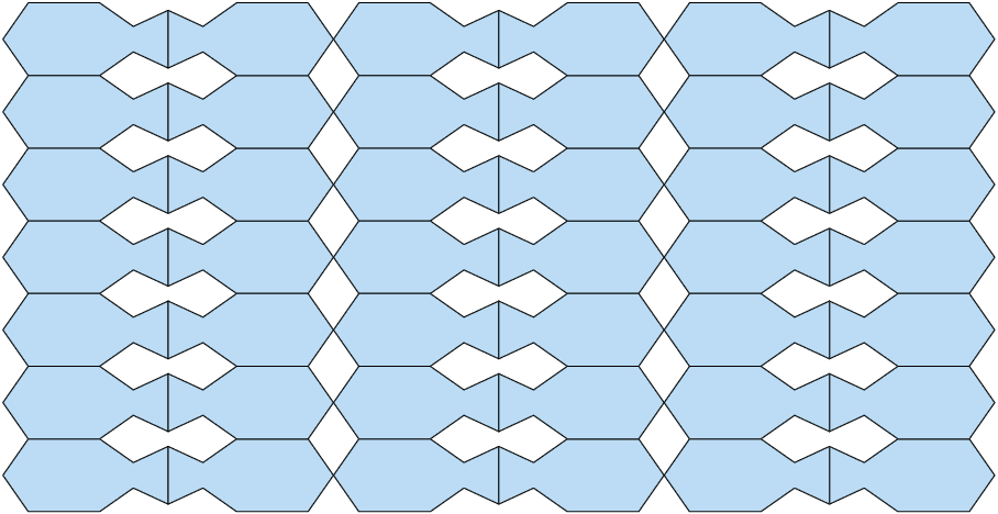 Ilustração formada por 42 polígonos iguais, distribuídos em 7 linhas e 6 colunas. Cada polígono tem formato de um peixe. Esses polígonos estão agrupados em pares, com os peixes conectados por sua cauda .