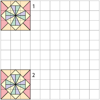 Ilustração de uma malha quadriculada com duas figuras formada pela simetria vertical e horizontal. A figura 1 está no canto superior da malha e a figura 2 está 4 quadrinhos abaixo da figura 1.