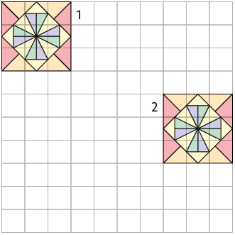 Ilustração de uma malha quadriculada com duas figuras formada pela simetria vertical e horizontal. A figura 1 está no canto superior da malha e a figura 2 está 7 quadrinhos à direita, seguida pela localização de um quadradinho abaixo da figura 1.