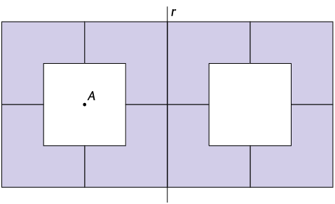 Ilustração de dois quadrados como os da figura anterior. Eles estão alinhados um ao lado do outro de modo a formar um retângulo. Apenas o primeiro quadrado tem um ponto A no centro. 