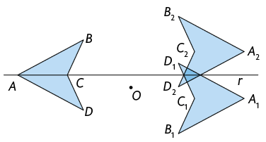 Ilustração de três quadriláteros iguais e uma reta r, posicionada horizontalmente, bem ao meio da ilustração e com o Ponto O abaixo dela. À esquerda, está o quadrilátero: A B C D, os quadriláteros: A2 B2 C2 D2 e A1 B1 C1 D1, estão também na posição horizontal, em relação ao quadrilátero A B C D, nessa ordem, um, um pouco acima e o outro um pouco abaixo da reta r. 