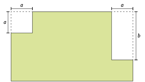 Ilustração de uma folha de papel em formato retangular. Dela foram recortados um quadrado de lado a, da parte superior à esquerda, e um retângulo de comprimento a e largura b, da parte superior à direita. 