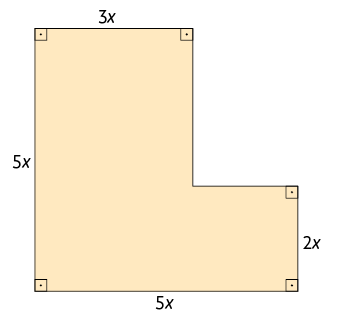 Ilustração de um polígono composto por 2 retângulos, no formato da letra L. O lado horizontal inferior tem 5 x unidades de comprimento. O lado horizontal superior tem 3 x unidades de comprimento. O lado vertical da esquerda tem 5 x unidades de comprimento. O lado vertical da direita tem 2 x unidades de comprimento.