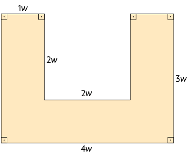 Ilustração de um polígono composto por 3 retângulos, no formato da letra U. O lado horizontal inferior mede 4 w unidades de comprimento. O lado horizontal interno mede 2 w unidades de comprimento. Os lados horizontais acima tem 1 w unidades de comprimento. O lado vertical externo mede 3 w unidades de comprimento. O lado vertical interno mede 2 w unidades de comprimento.