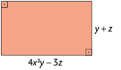 Ilustração de um retângulo com 4 x ao quadrado y menos 3 z unidades de comprimento e y mais z unidades de largura. Os ângulos superior à esquerda e inferior à direita estão com seus ângulos retos demarcados.