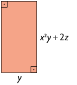Ilustração de um retângulo com y unidades de comprimento e x ao quadrado y mais 2 z unidades de largura. Seus ângulos retos, superior à esquerda e inferior à direita, estão demarcados.