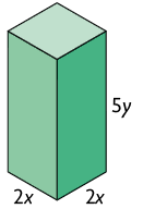 Ilustração. Paralelepípedo reto retângulo com 2 x unidades de comprimento, 2 x unidades de largura e 5 y unidades de altura.