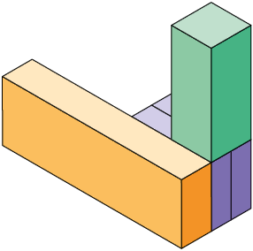 Ilustração. Quatro paralelepípedos empilhados, cada um deles é reto retângulo. Há dois paralelepípedos iguais de cor roxa, cada um com 8 unidades de comprimento, x unidades de largura e x y unidades de altura. Ao lado há um laranja, com 3 x y unidades de comprimento, y unidades de largura e 3 x unidades de altura. Acima dos paralelepípedos roxos há um verde com 2 x unidades de comprimento, 2 x unidades de largura e 5 y unidades de altura.