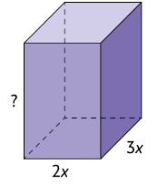 Ilustração. Paralelepípedo reto retângulo com 2 x unidades de comprimento, 3 x unidades de largura e um ponto de interrogação na medida da sua altura.