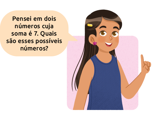 Ilustração de uma menina dizendo: 'Pensei em dois números cuja soma é 7. Quais são esses possíveis números?'.