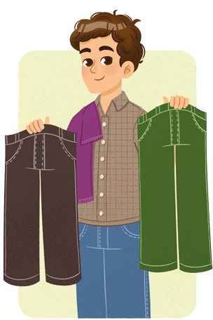 Ilustração de um homem segurando duas calças, uma em cada mão e uma camiseta apoiada em seu ombro.