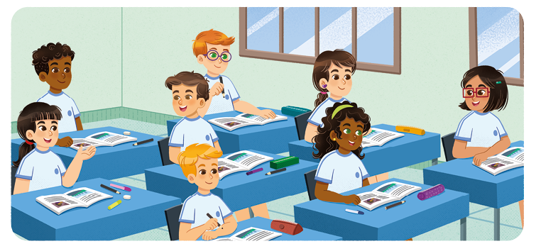 Ilustração de alunos em suas carteiras em uma sala de aula.  