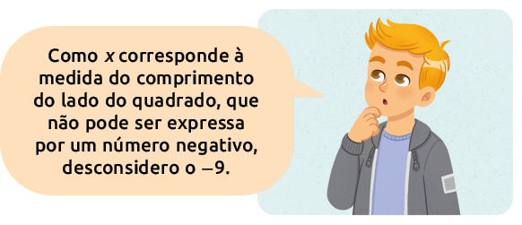 Ilustração de um homem dizendo: 'Como x corresponde à medida do comprimento do lado do quadrado, que não pode ser expressa por um número negativo, desconsidero o menos 9'.