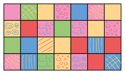Ilustração de um retângulo formado por vários retalhos quadrados. Há 4 linhas e 7 colunas.