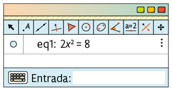 Ilustração de uma página de computador com o software Geogebra. Há vários botões de ferramentas e está fixo na janela: e q 1, 2 x ao quadrado, igual a 8.