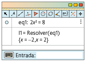 Ilustração de uma página de computador com o software Geogebra. Há vários botões de ferramentas e está fixo na janela: e q 1, 2 x ao quadrado, igual a 8. Abaixo está: I 1 , igual a resolver e q 1, x igual a menos 2, x igual a 2.