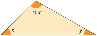 Ilustração de um triângulo com as seguintes medidas de seus ângulos internos: 105 graus; x; e y.