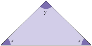 Ilustração de um triângulo com as seguintes medidas de seus ângulos internos: x; x; e y.