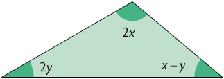 Ilustração de um triângulo com as seguintes medidas de seus ângulos internos: 2 y; x menos y; e 2 x.