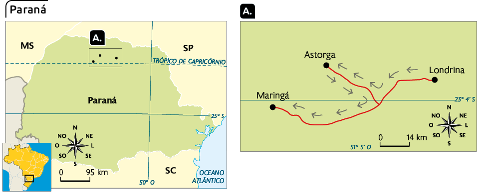 Ilustração de dois mapas. Ao lado esquerdo está o mapa do Paraná, com destaque para 3 pontos, que estão detalhados no mapa da direita, que representam as cidades de Londrina, Astorga e Maringá. Este segundo mapa apresenta um trajeto de Londrina a Astorga e depois até Maringá.