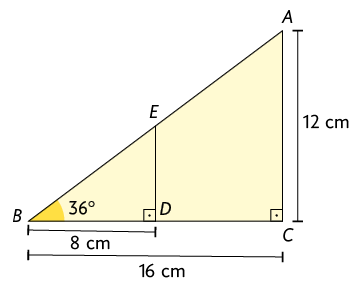 Ilustração de um triângulo retângulo A B C com ângulo reto demarcado no vértice C, medida de B igual a 36 graus. Medidas de comprimento de A B C: 12 centímetros de altura e 16 centímetros na base. Entre os vértices A e B está o ponto E, e, entre os vértices B e C está o ponto D. Há um segmento perpendicular à base (segmento ED), formando um segundo triângulo retângulo E B D, com ângulo reto demarcado no vértice D com a base BD, medindo 8 centímetros.
