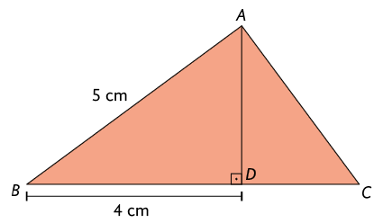 Ilustração de um triângulo retângulo A B C. O ângulo reto no vértice A. Há um segmento AD, traçado formando um ângulo de 90 graus com a hipotenusa B C. Há ainda as seguintes medidas de comprimento indicadas: A B: 5 centímetros; B D: 4 centímetros.