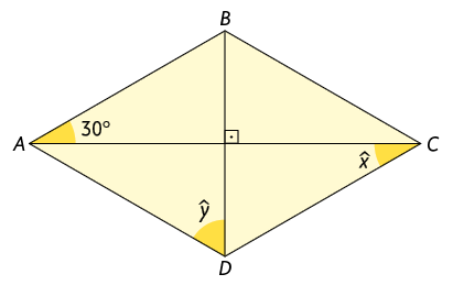 Ilustração de um losango A B C D dividido em quatro partes iguais. Cada parte corresponde a um triângulo retângulo. No triângulo retângulo AB e centro do losango, a medida do ângulo A igual a 30 graus. No triângulo retângulo CD e centro do losango, a medida do ângulo C igual a x. No triângulo retângulo AD e centro do losango, a medida do ângulo D igual a y.