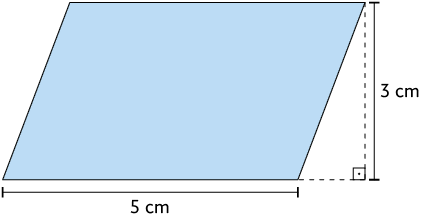 Ilustração de um paralelogramo com 3 centímetros de altura e a base com 5 centímetros.