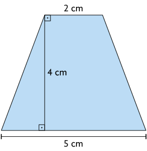 Ilustração de um trapézio, com a base maior medindo 5 centímetros, base menor medindo 2 centímetros e a altura medindo 4 centímetros.