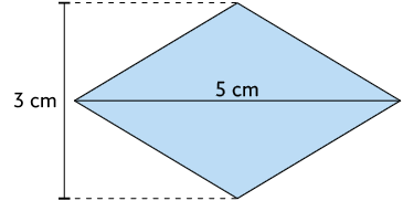 Ilustração de um losango. A medida de comprimento da diagonal maior é 5 centímetros, e da diagonal menor é 3 centímetros.