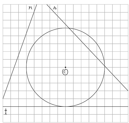 Ilustração de uma malha quadriculada com três retas e uma circunferência. A malha tem dimensão de 16 quadrados na horizontal e 15 na vertical. A circunferência tem centro denominado O e tem 10 quadrados de diâmetro. A reta r não toca a circunferência. A reta s cruza a circunferência em dois pontos. A reta t toca a circunferência em um ponto.