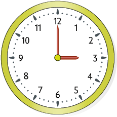 Ilustração de um relógio de ponteiros com o ponteiro das horas no número 3, e o ponteiro dos minutos no número 12.