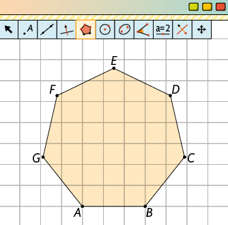 Ilustração da janela de visualização de um software de geometria dinâmica. Está selecionado o botão da ferramenta polígono regular. Na janela, sobre uma malha quadriculada está um polígono regular de 7 lados. Os vértices estão nomeados de A até G. Observa-se, pela disposição dos vértices A e B, que o polígono tem lados do comprimento de 3 quadrados da malha.