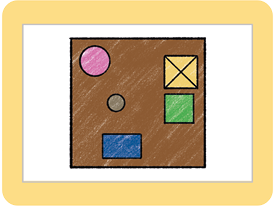 Ilustração de um quadrado marrom, com 5 figuras dispostas em seu interior. Estão dispostos: no canto superior esquerdo, um círculo roxo; horizontalmente um pouco mais abaixo que o círculo roxo, mas ainda na parte superior do quadrado marrom, e próximos do lado direito, estão alinhados verticalmente, um quadrado amarelo com as diagonais traçadas e um quadrado verde; no centro do quadrado marrom, porém deslocado mais para esquerda, há um círculo marrom, que fica verticalmente alinhado à direita do círculo roxo. Próximo ao canto inferior, alinhado na vertical ligeiramente para a direita do círculo marrom, há um retângulo azul, em que seu lado maior é a base.