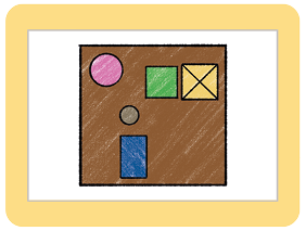 Ilustração de um quadrado marrom, com 5 figuras dispostas em seu interior. A ilustração possui os mesmos elementos que a ilustração anterior, porém agora o quadrado verde está à esquerda do quadrado amarelo, alinhados horizontalmente, e também agora a base do retângulo azul é seu lado menor.