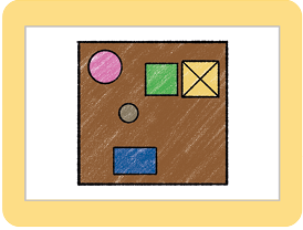 Ilustração de um quadrado marrom, com 5 figuras dispostas em seu interior. A ilustração possui os mesmos elementos que a ilustração anterior, porém agora a base do retângulo azul é seu lado maior.