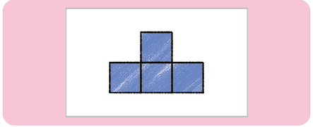 Ilustração de um retângulo branco com uma figura em seu interior. A figura é composta por 4 quadrados ao total, sendo 3 quadrados dispostos horizontalmente, ligados pela aresta, e um quadrado acima do quadrado do meio, também ligados pela aresta.