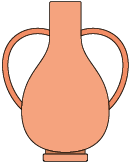 Ilustração da visão frontal de um vaso. O corpo possui um formato oval e alongado, com a parte do topo que representa a boca, sendo horizontal, as laterais descendo paralelas e gradativamente seguindo o contorno oval. O corpo do vaso lembra o formato de uma raquete de tênis de ponta cabeça, como se o cabo fosse mais grosso e mais curto que o comum. Há duas hastes laterais, de formato oval, ligadas ao corpo do vaso. Na base oval do vaso, há uma estrutura retangular de sustentação, de comprimento próximo a boca do vaso.