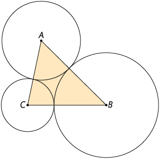 Ilustração de 3 circunferências de centros A, B, C. Cada circunferência toca a outra em um ponto. Os três pontos dos centros estão ligados por segmentos que formam um triângulo A B C, que está em destaque.