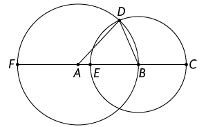 Ilustração de duas circunferências de centros A, B. As circunferências se cruzam em dois pontos e um desses pontos está indicado como D. Há um segmento F C que passa pelos dois centros, com o ponto F na circunferência de centro A e o ponto C na circunferência de centro B. Há um ponto E no cruzamento do segmento F C com a circunferência de centro B. Os pontos A, B, D estão ligados formando um triângulo.